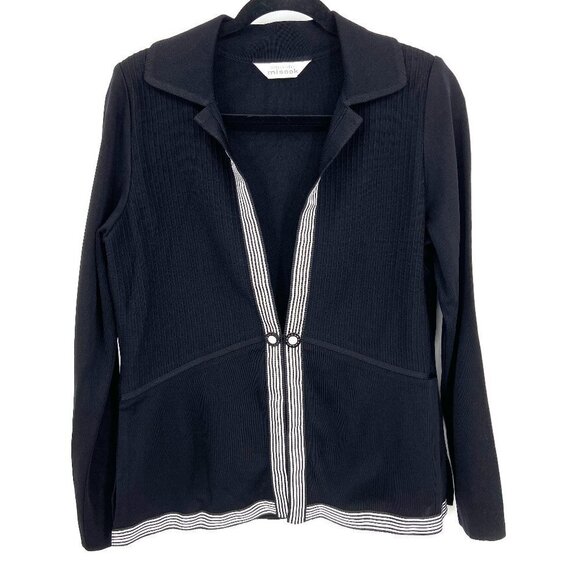 MISOOK Black Ribbed White Stripe Trim Hook & Eye Button Closure Cardigan Sweater - Picture 1 of 4